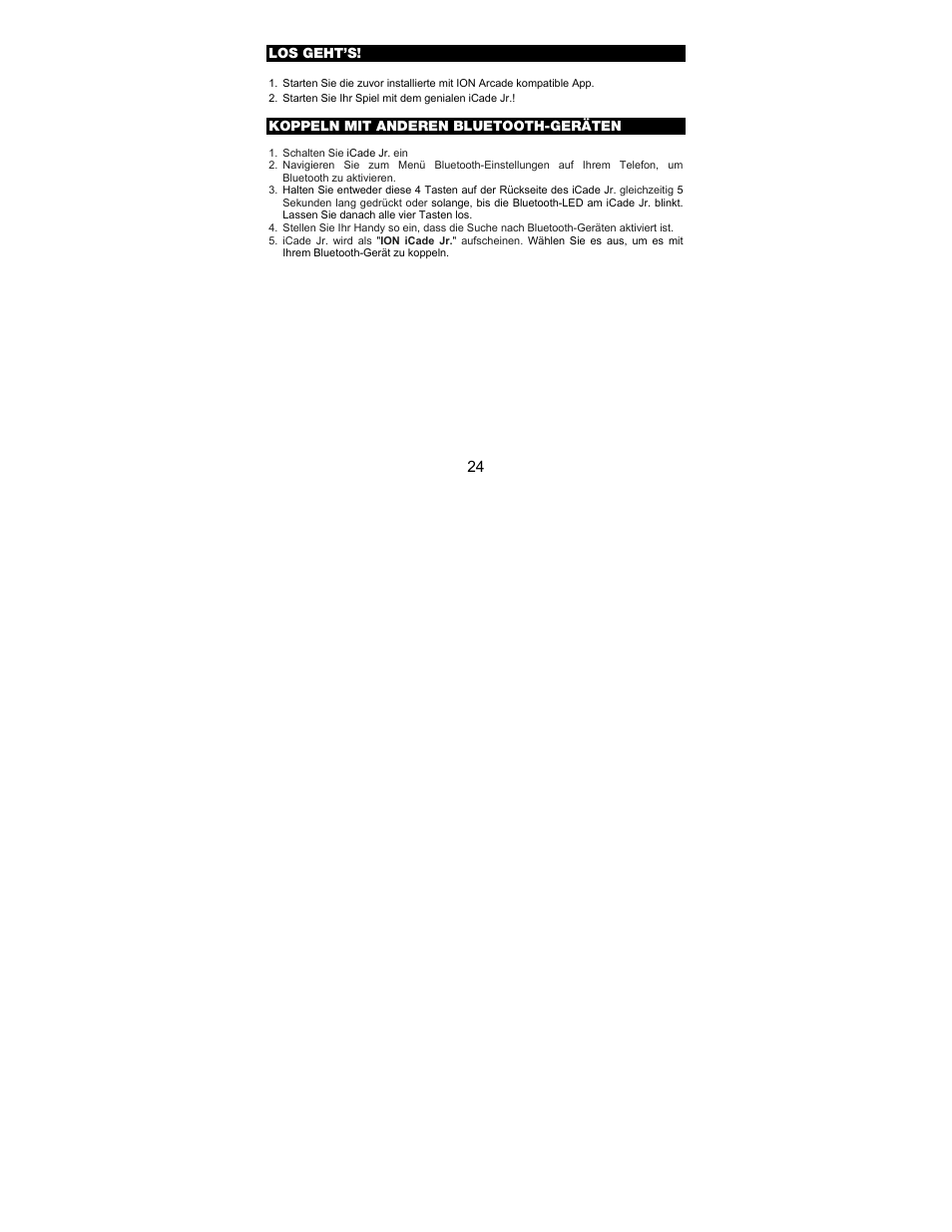 Los geht’s, Koppeln mit anderen bluetooth-geräten | ION Audio iCade Jr. User Manual | Page 24 / 32