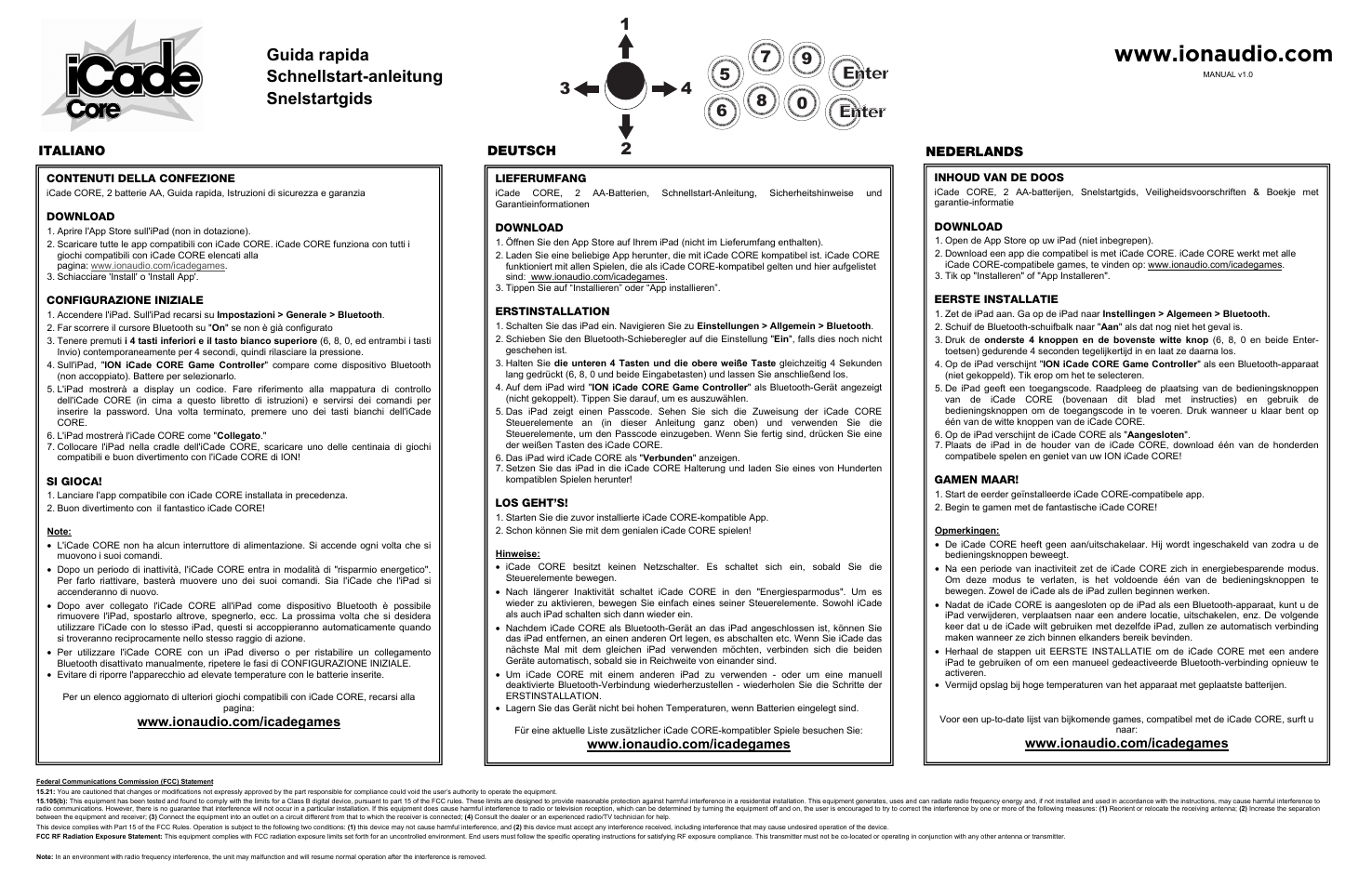 Enter, Guida rapida schnellstart-anleitung snelstartgids, Italiano deutsch nederlands | ION Audio iCade Core User Manual | Page 2 / 2