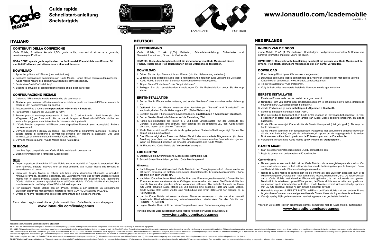 Guida rapida schnellstart-anleitung snelstartgids, Italiano deutsch nederlands | ION Audio iCade Mobile User Manual | Page 2 / 2