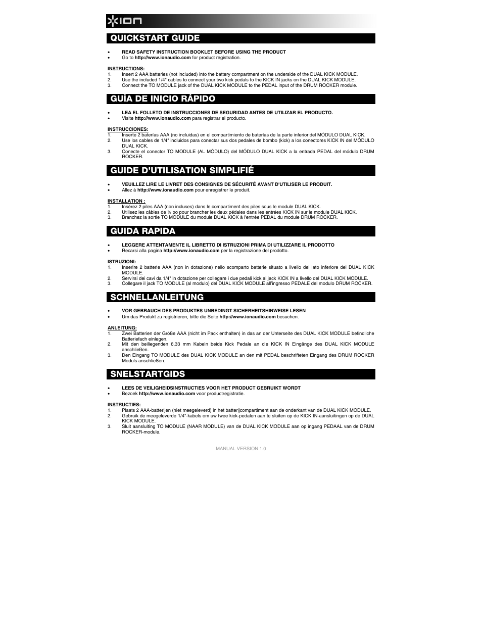 Quickstart guide, Guía de inicio rápido, Guide d’utilisation simplifié | Guida rapida, Schnellanleitung, Snelstartgids | ION Audio Drum Rocker Double Kick Expansion Kit User Manual | Page 2 / 2