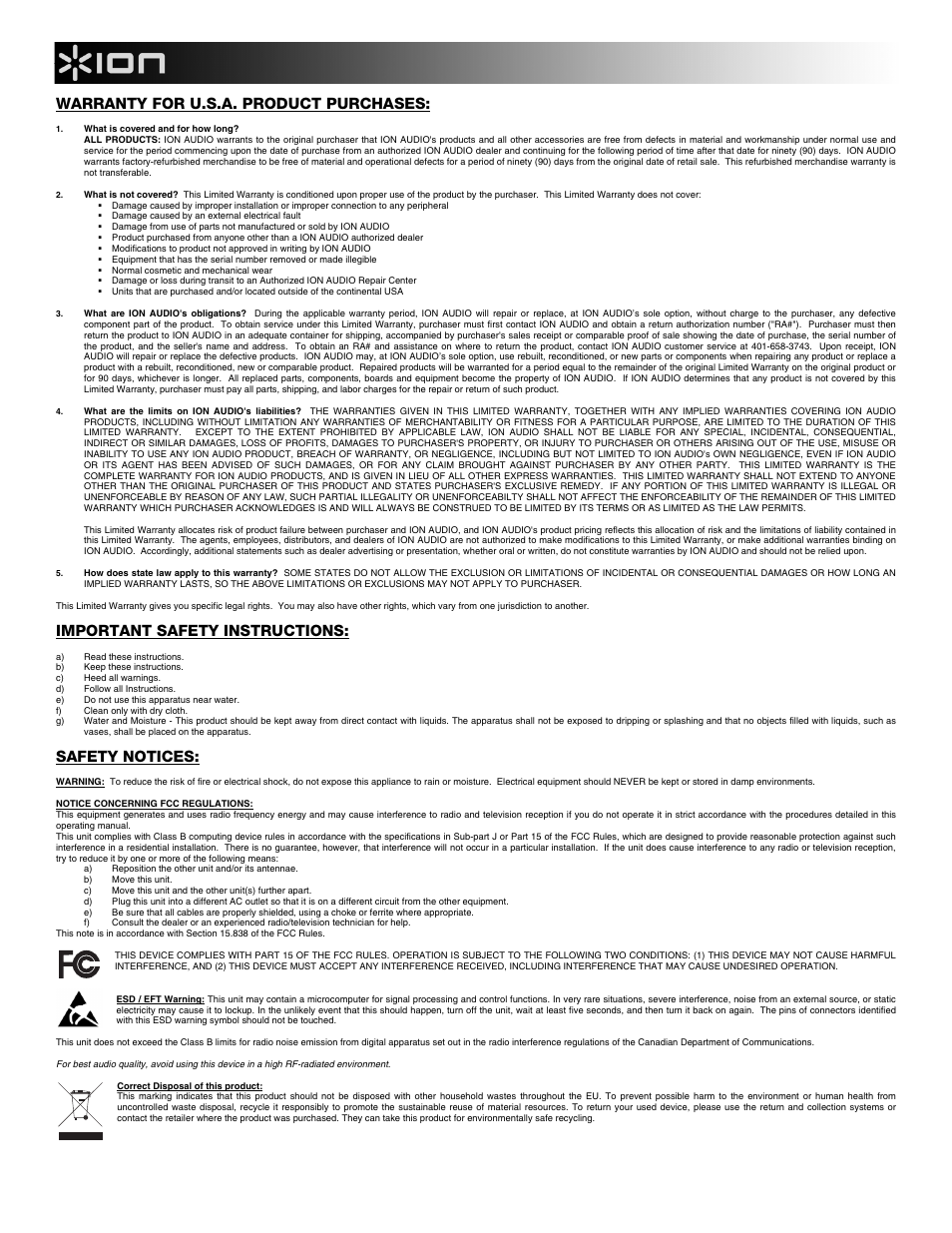 Warranty for u.s.a. product purchases, Important safety instructions, Safety notices | ION Audio Go Pad User Manual | Page 2 / 2