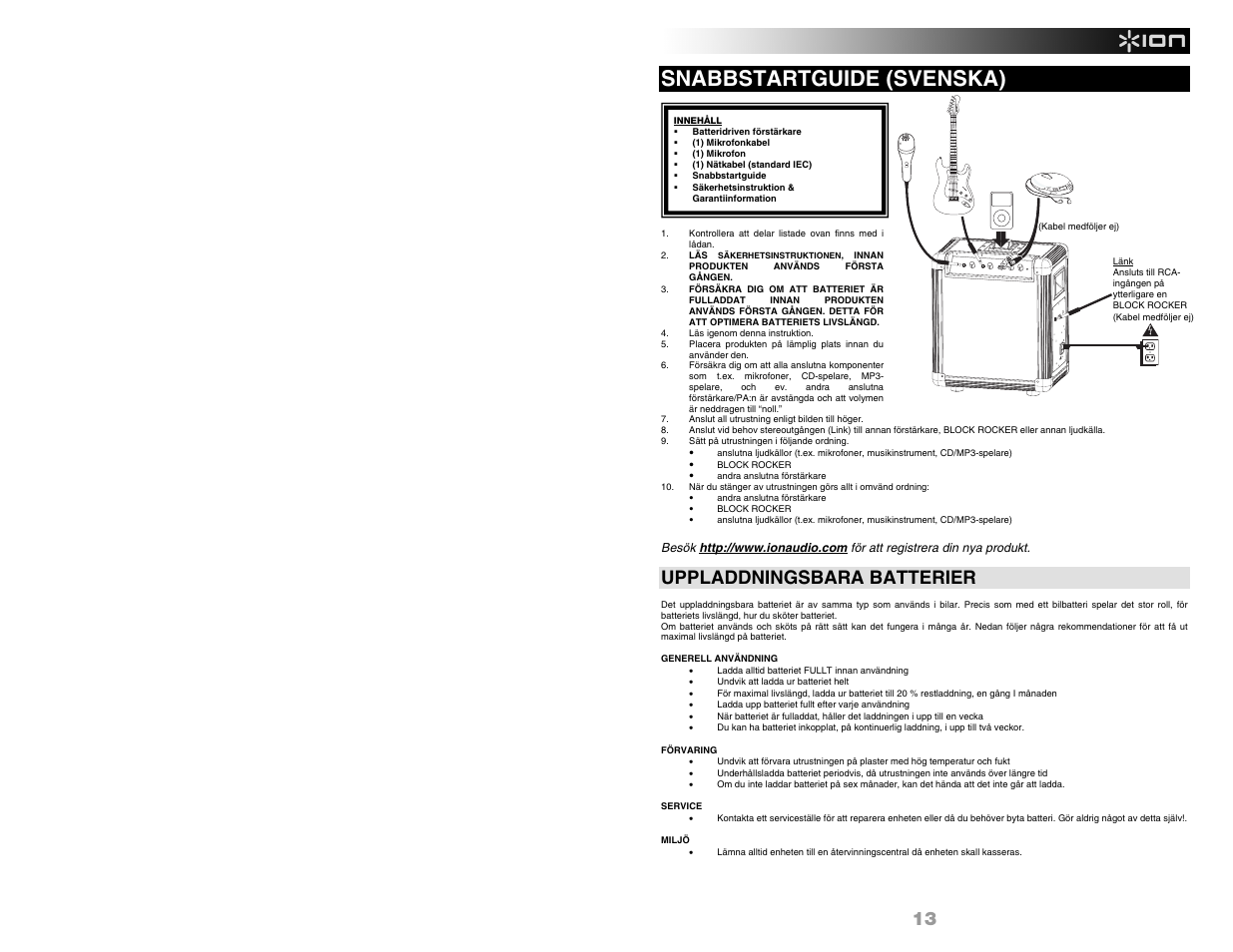 Snabbstartguide (svenska), Uppladdningsbara batterier | ION Audio BLOCK ROCKER User Manual | Page 15 / 20
