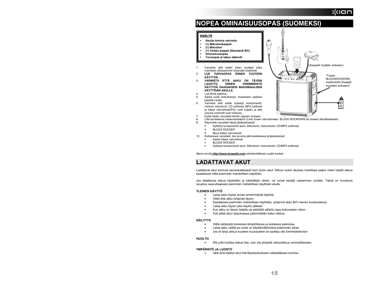 Nopea ominaisuusopas (suomeksi), Ladattavat akut | ION Audio BLOCK ROCKER User Manual | Page 17 / 20