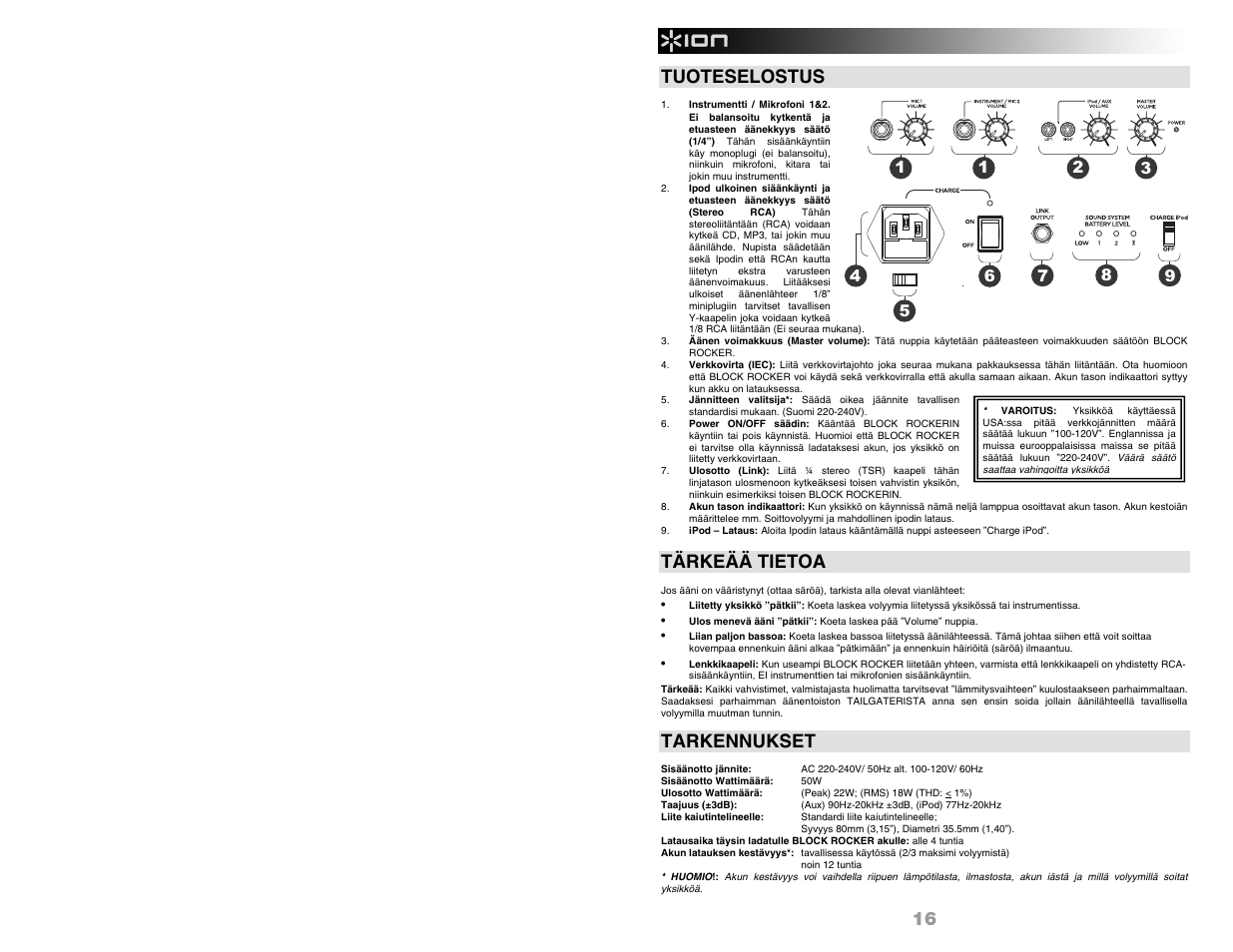 16 tuoteselostus, Tärkeää tietoa, Tarkennukset | ION Audio BLOCK ROCKER User Manual | Page 18 / 20