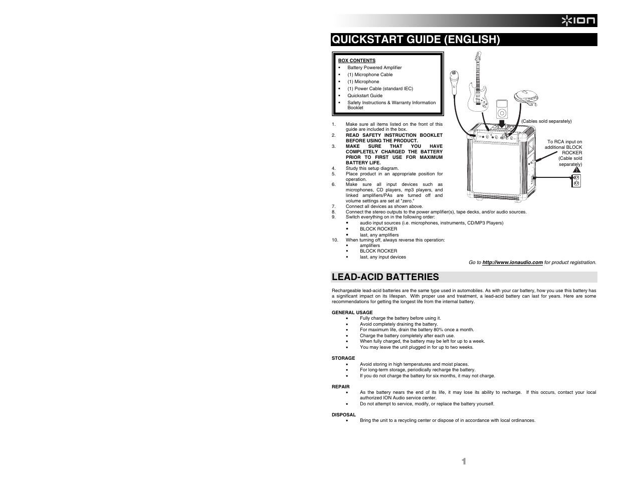 Quickstart guide (english), Lead-acid batteries | ION Audio BLOCK ROCKER User Manual | Page 3 / 20