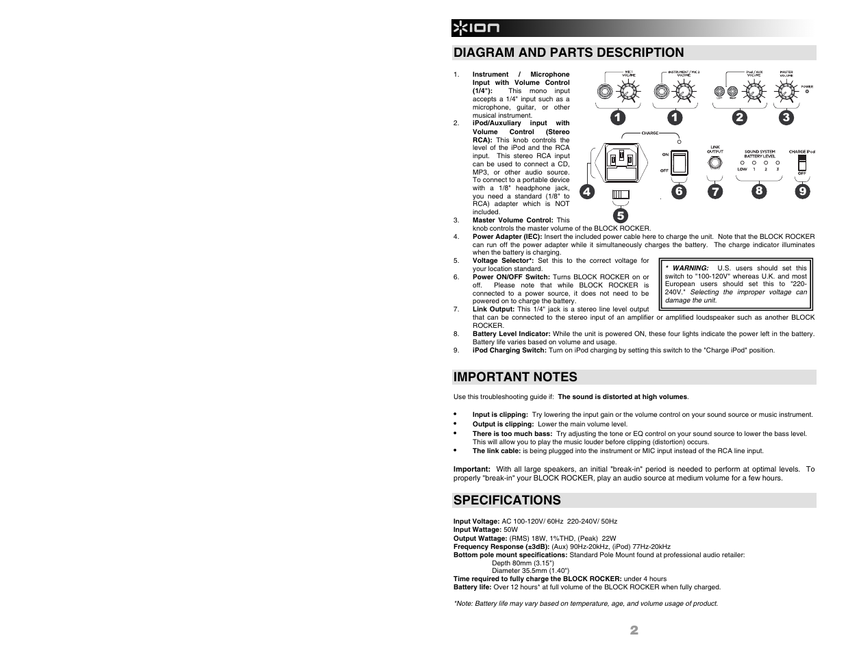 2 diagram and parts description, Specifications | ION Audio BLOCK ROCKER User Manual | Page 4 / 20