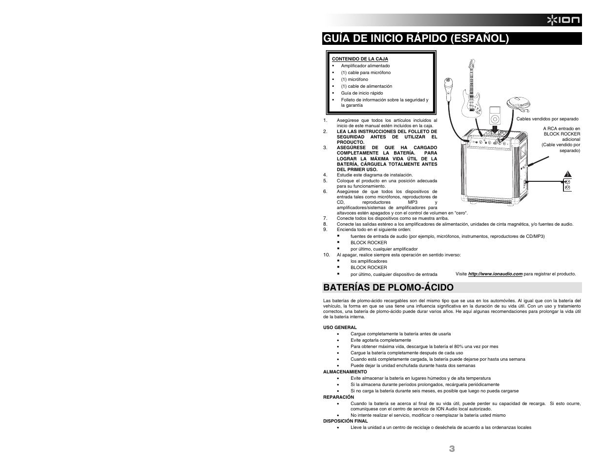 Guía de inicio rápido (español), Baterías de plomo-ácido | ION Audio BLOCK ROCKER User Manual | Page 5 / 20