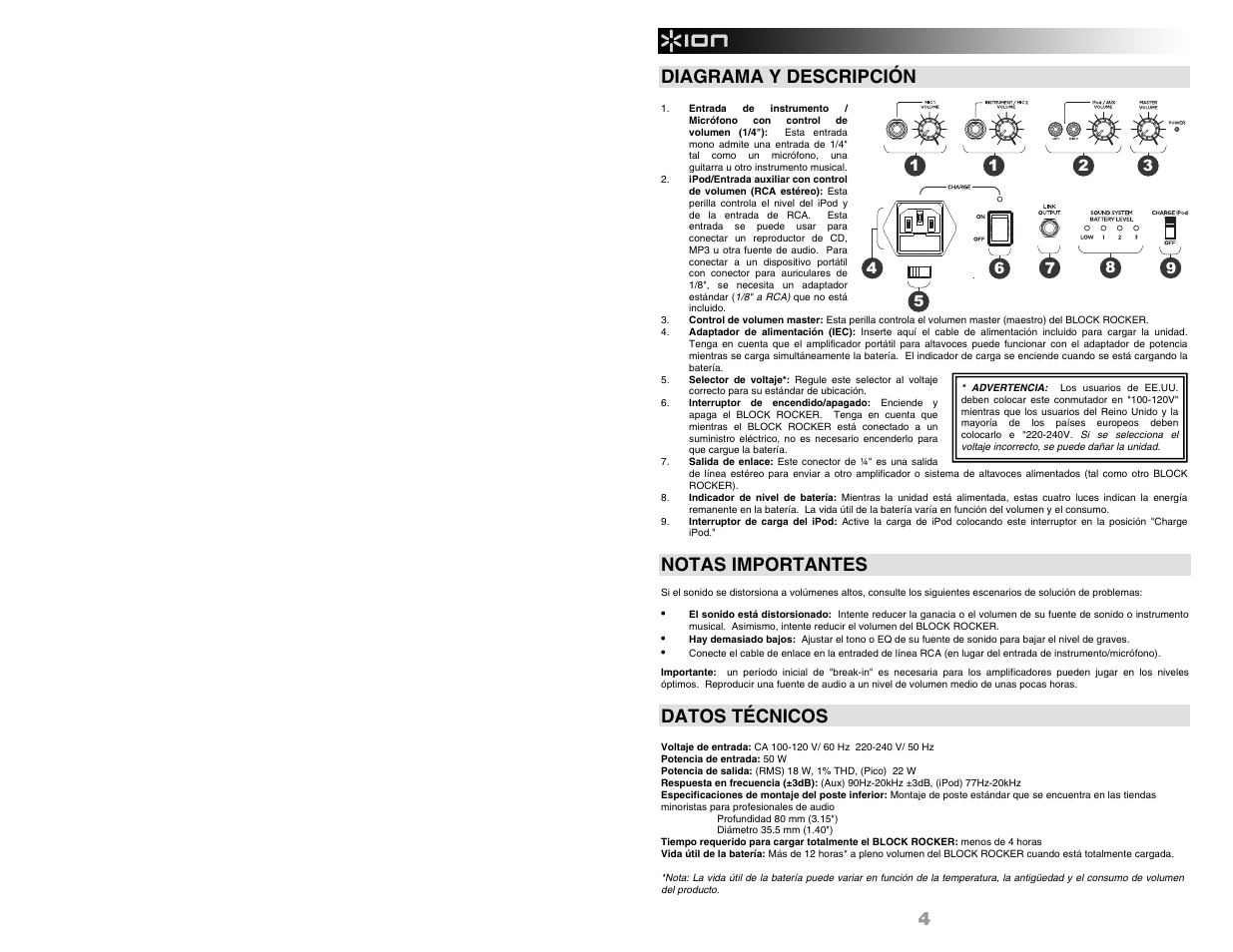 4 diagrama y descripción, Notas importantes, Datos técnicos | ION Audio BLOCK ROCKER User Manual | Page 6 / 20