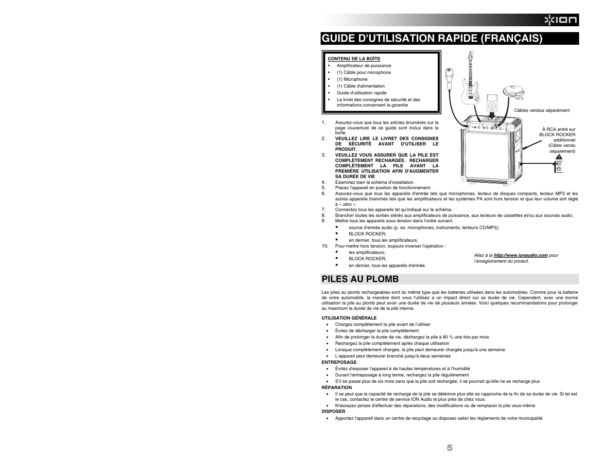 Guide d'utilisation rapide (français), Piles au plomb | ION Audio BLOCK ROCKER User Manual | Page 7 / 20