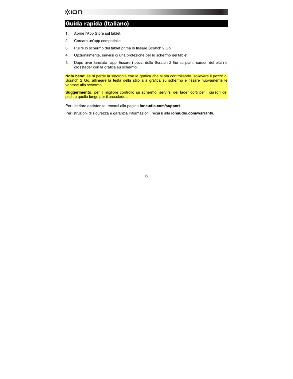 Guida rapida (italiano), Guida rapida, Italiano ( 5 ) | ION Audio Scratch 2 Go User Manual | Page 5 / 8