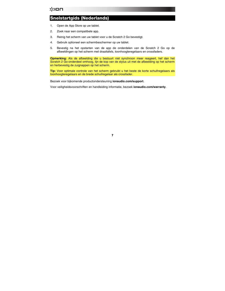 Snelstartgids (nederlands), Snelstartgids, Nederlands ( 7 ) | ION Audio Scratch 2 Go User Manual | Page 7 / 8