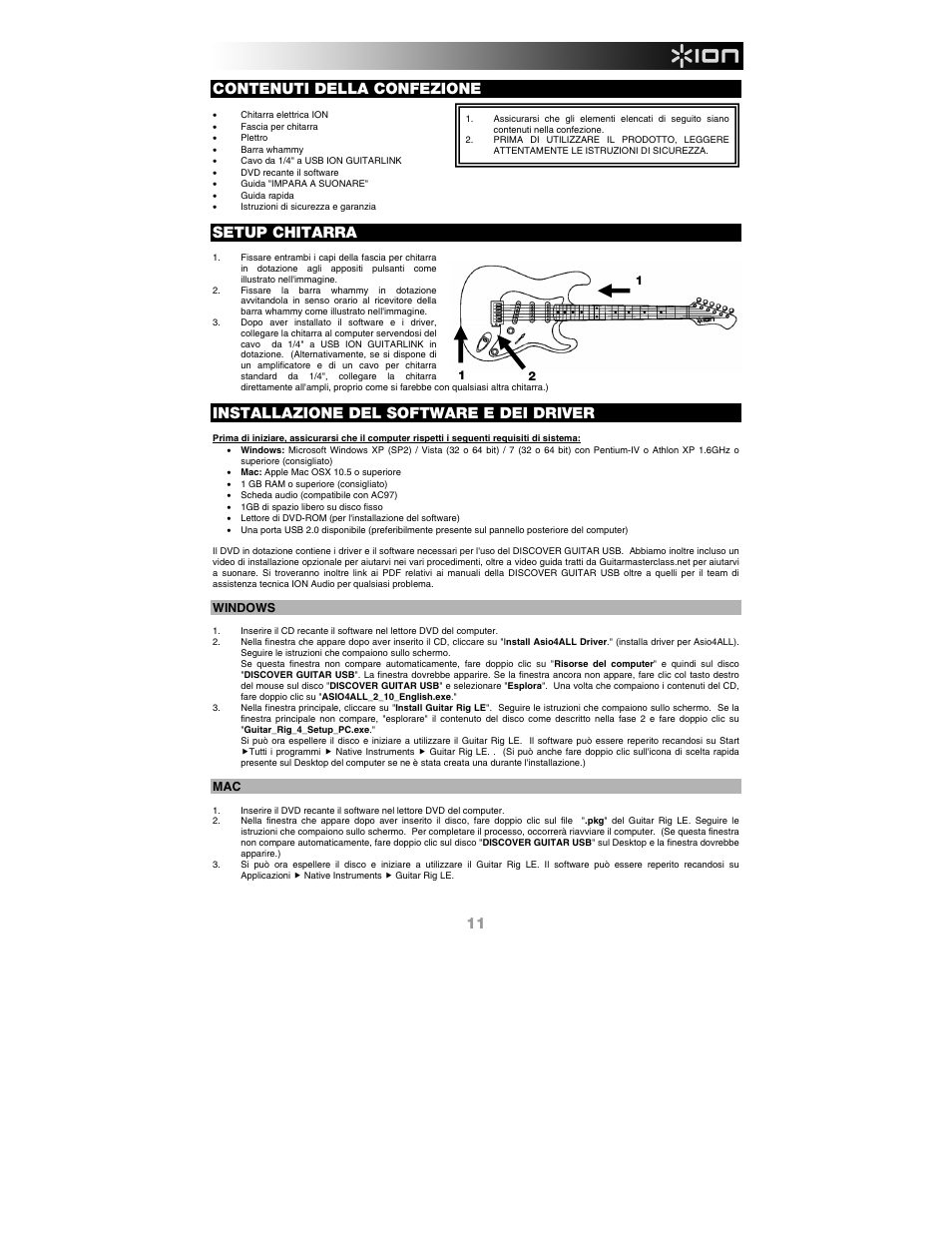 Contenuti della confezione, Setup chitarra, Installazione del software e dei driver | ION Audio Discover Guitar USB User Manual | Page 11 / 20