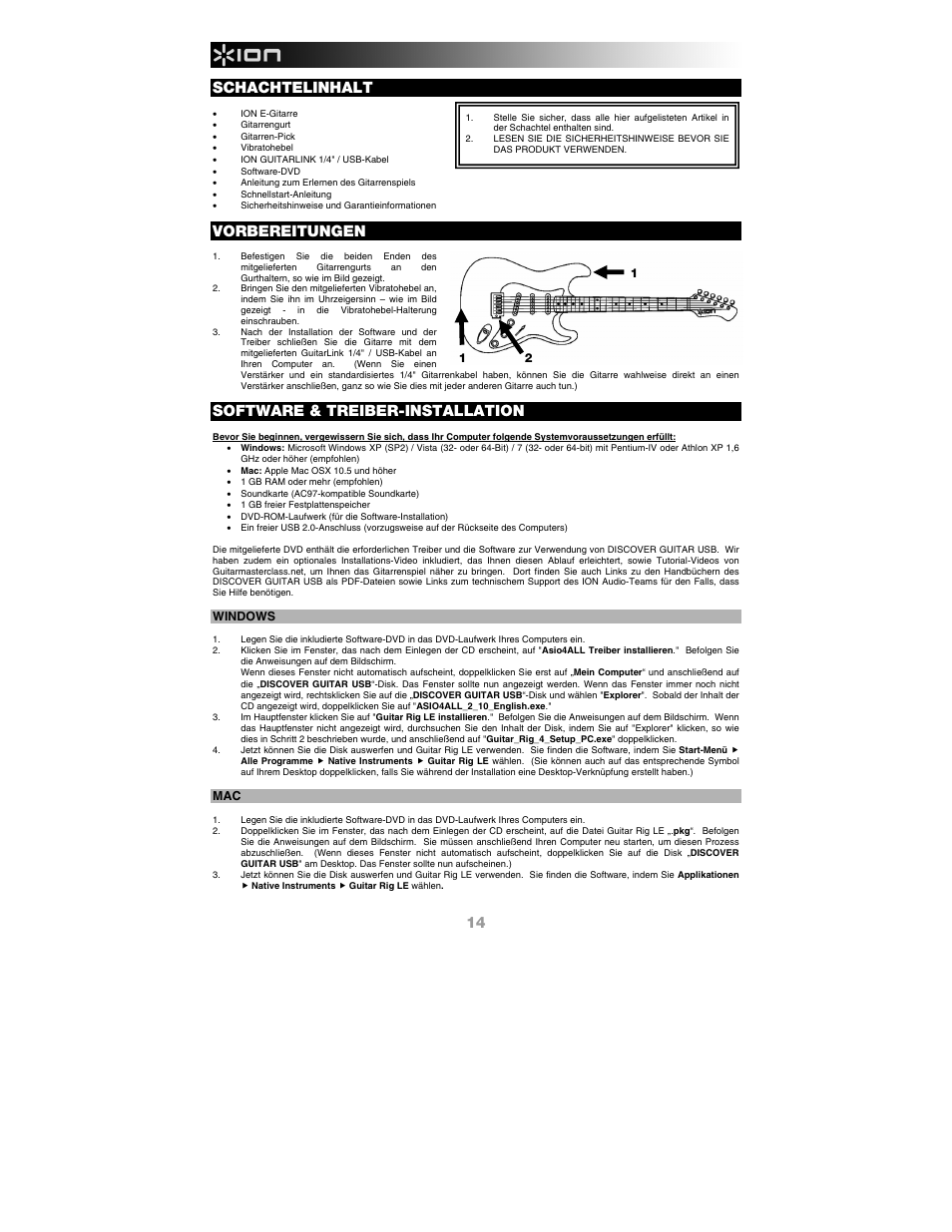 Schachtelinhalt, Vorbereitungen, Software & treiber-installation | ION Audio Discover Guitar USB User Manual | Page 14 / 20