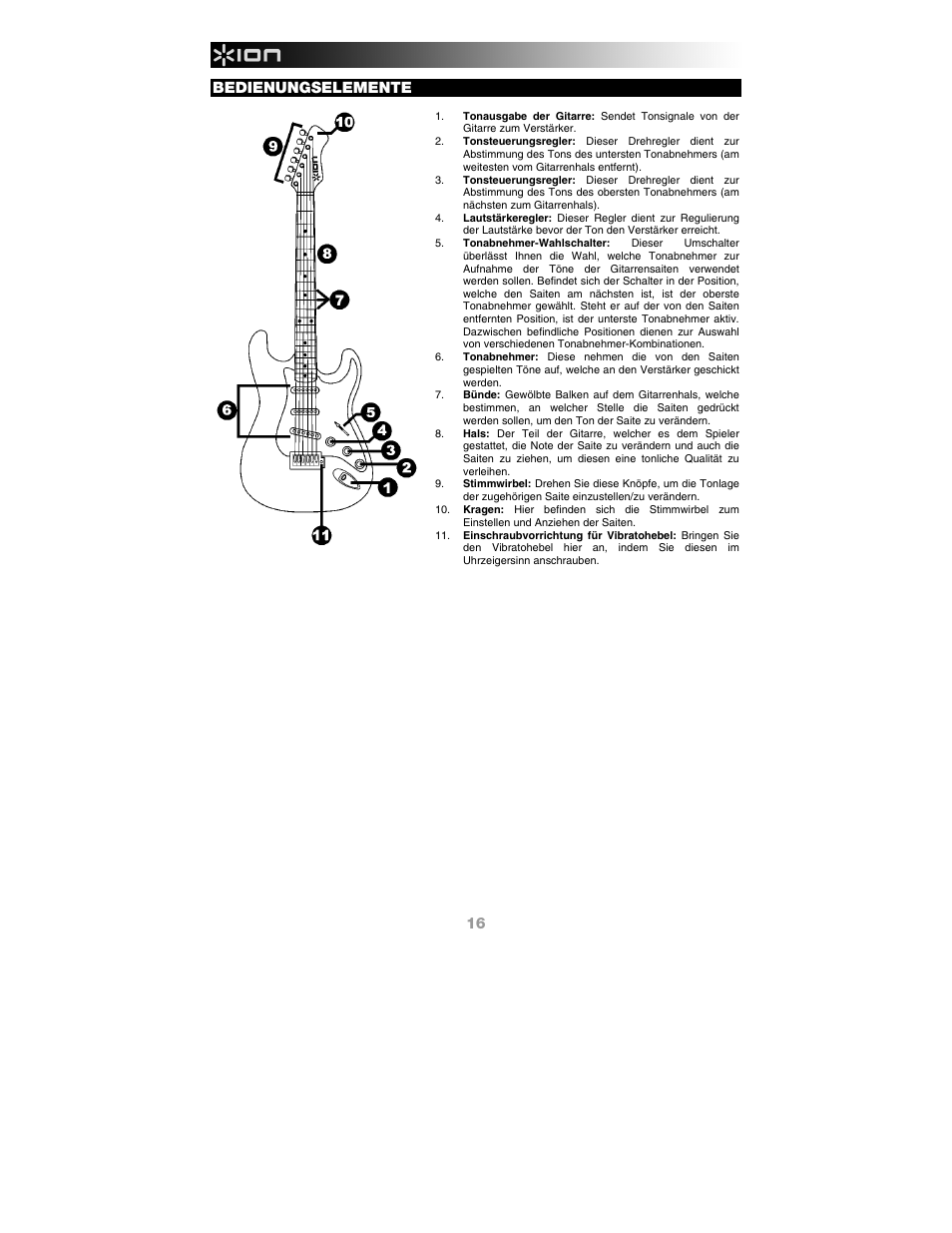 Bedienungselemente | ION Audio Discover Guitar USB User Manual | Page 16 / 20
