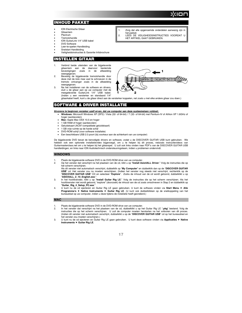 Inhoud pakket, Instellen gitaar, Software & driver installatie | ION Audio Discover Guitar USB User Manual | Page 17 / 20