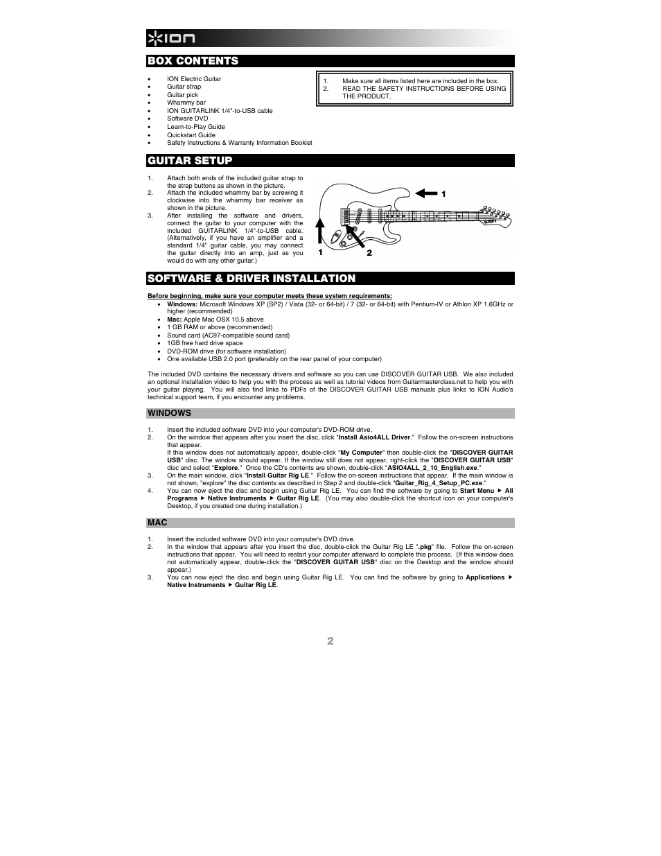 Box contents, Guitar setup, Software & driver installation | ION Audio Discover Guitar USB User Manual | Page 2 / 20