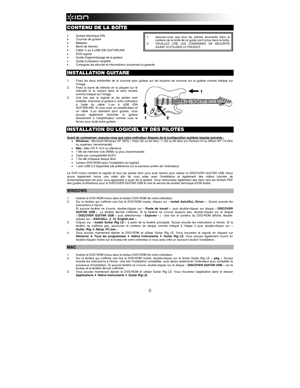 Contenu de la boîte, Installation guitare, Installation du logiciel et des pilotes | ION Audio Discover Guitar USB User Manual | Page 8 / 20