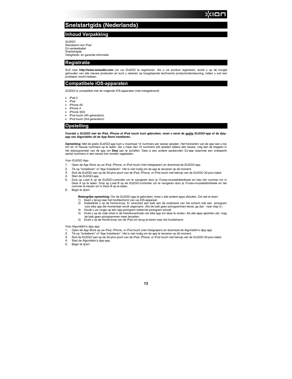 Snelstartgids (nederlands), Inhoud verpakking, Registratie | Compatibele ios-apparaten, Opstelling | ION Audio iDJ 2 Go User Manual | Page 13 / 16