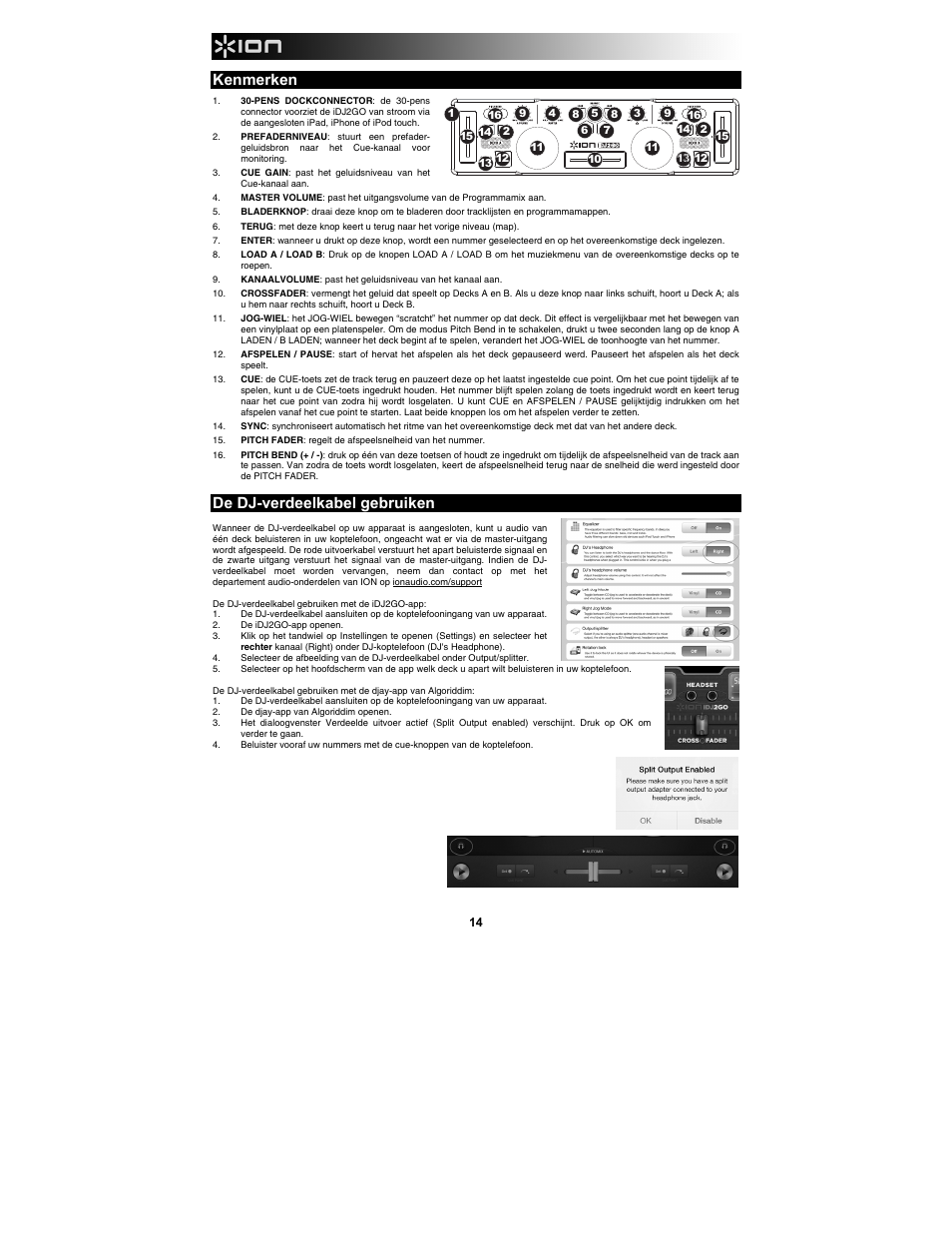 Kenmerken, De dj-verdeelkabel gebruiken | ION Audio iDJ 2 Go User Manual | Page 14 / 16