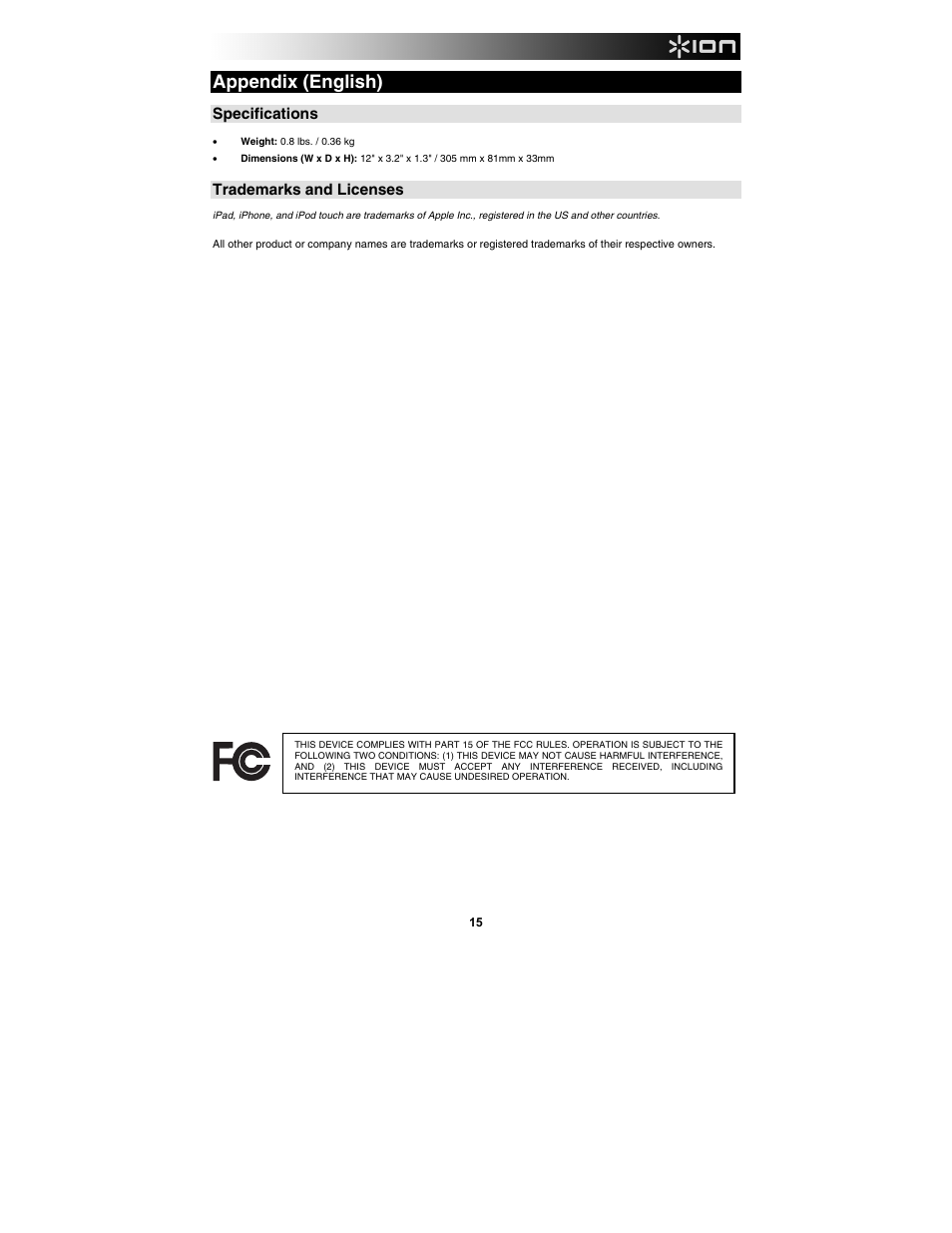 Appendix (english), Specifications, Trademarks and licenses | ION Audio iDJ 2 Go User Manual | Page 15 / 16
