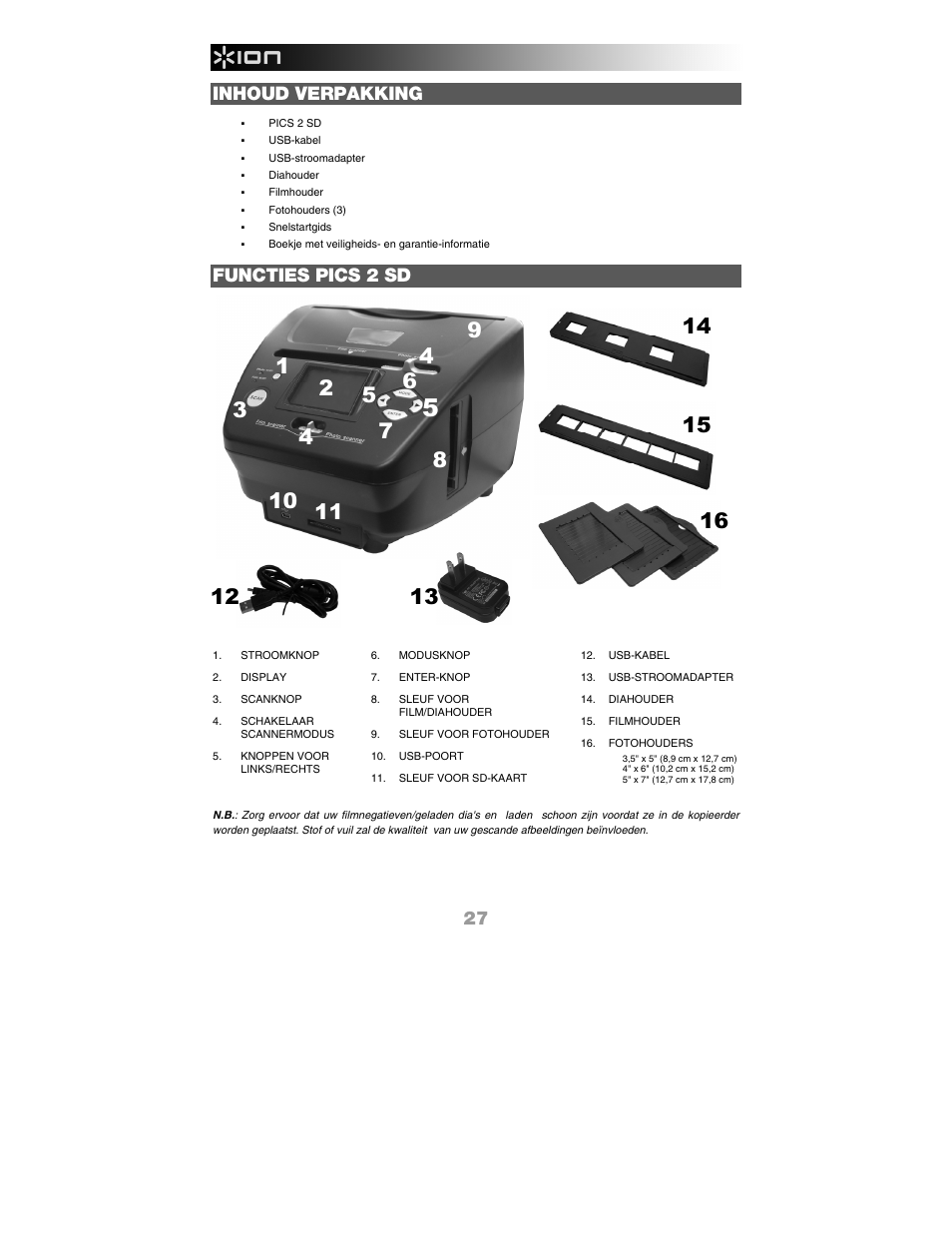 Inhoud verpakking, Functies pics 2 sd | ION Audio Pics 2 SD User Manual | Page 28 / 32