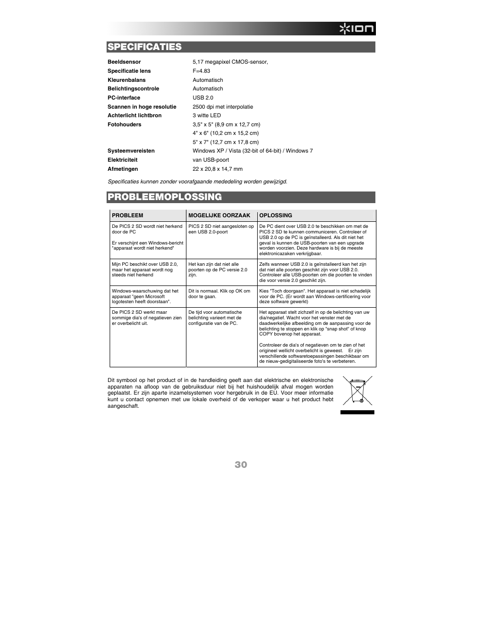 Specificaties, Probleemoplossing | ION Audio Pics 2 SD User Manual | Page 31 / 32