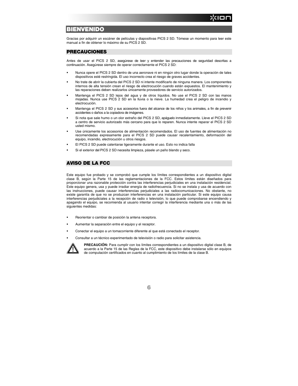 Español, Bienvenido, Precauciones | Aviso de la fcc | ION Audio Pics 2 SD User Manual | Page 7 / 32