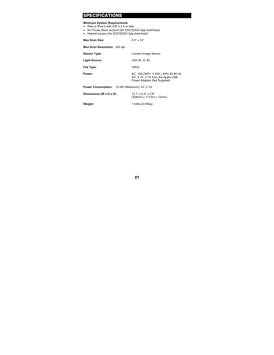 Specifications | ION Audio Docs 2 Go User Manual | Page 27 / 32