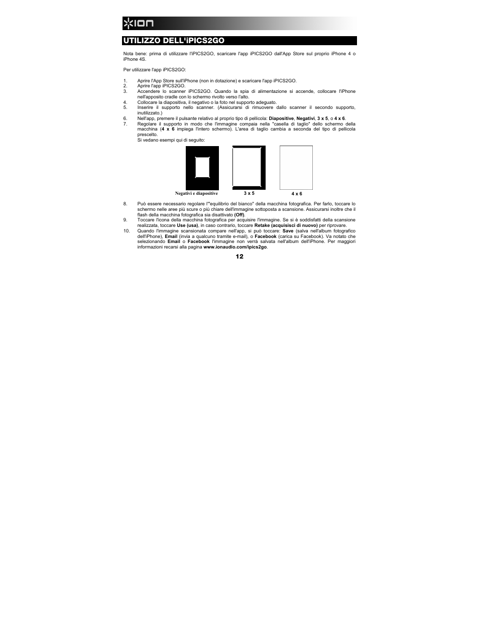 Utilizzo dell'ipics2go | ION Audio iPics 2 Go User Manual | Page 12 / 20