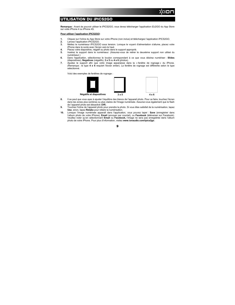 Utilisation du ipics2go | ION Audio iPics 2 Go User Manual | Page 9 / 20