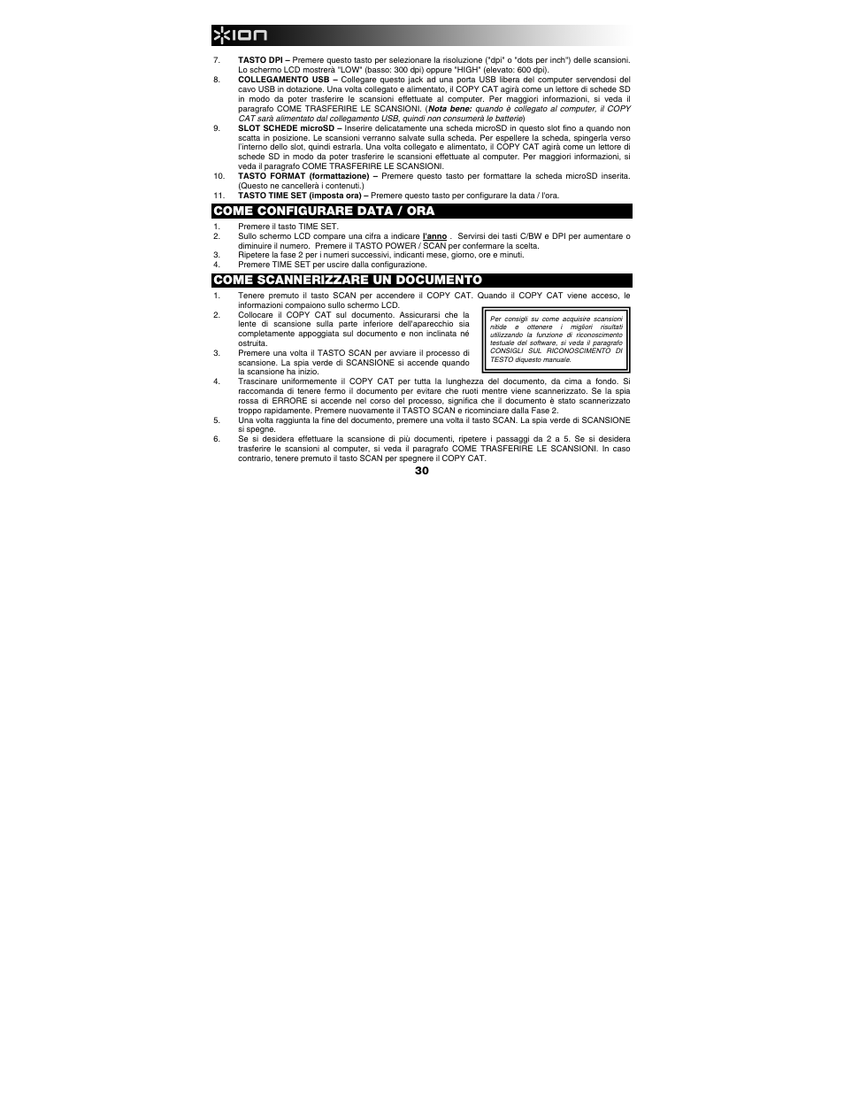 Come configurare data / ora, Come scannerizzare un documento | ION Audio Copy Cat User Manual | Page 30 / 56