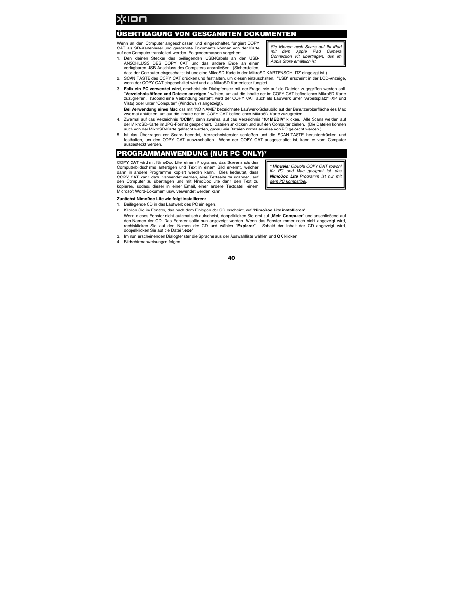 Übertragung von gescannten dokumenten, Programmanwendung (nur pc only) | ION Audio Copy Cat User Manual | Page 40 / 56