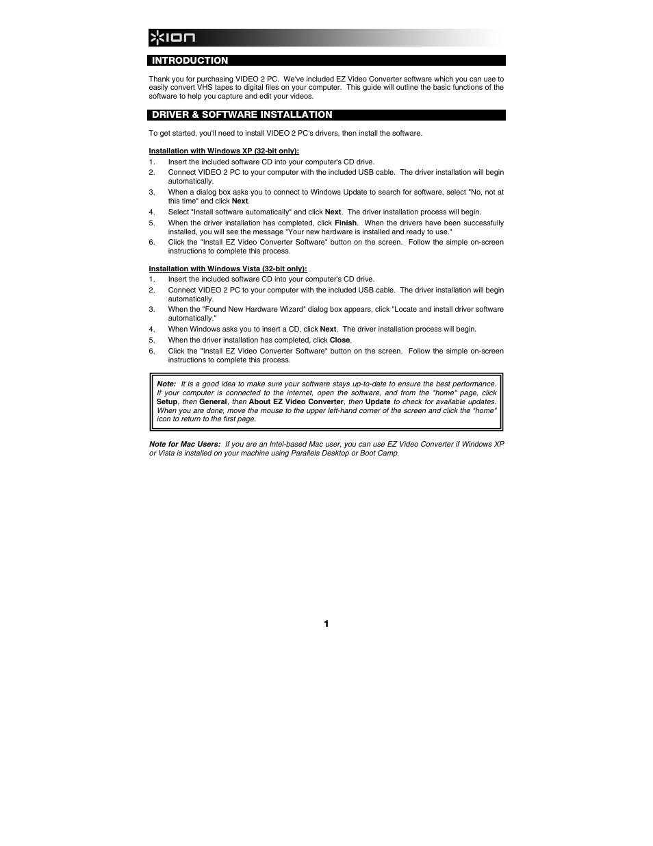 Introduction, Driver & software installation | ION Audio Video 2 PC User Manual | Page 2 / 10