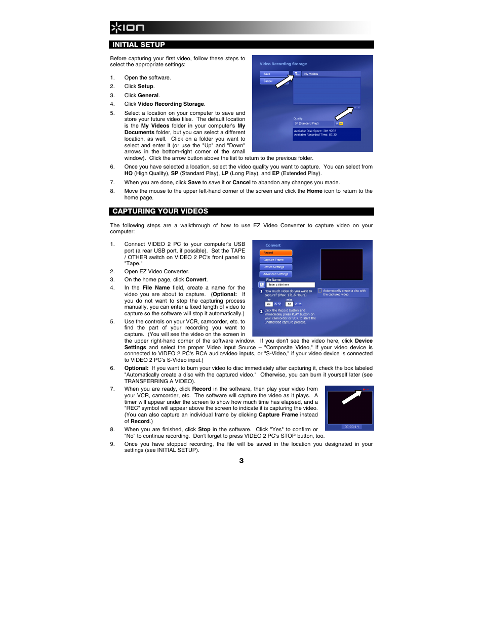 Initial setup, Capturing your videos | ION Audio Video 2 PC User Manual | Page 4 / 10