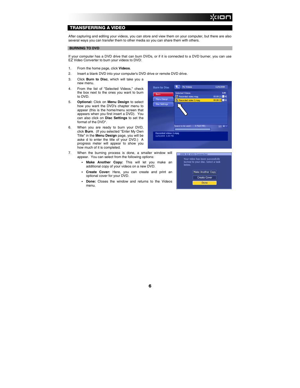 Transferring a video, Burning to dvd | ION Audio Video 2 PC User Manual | Page 7 / 10