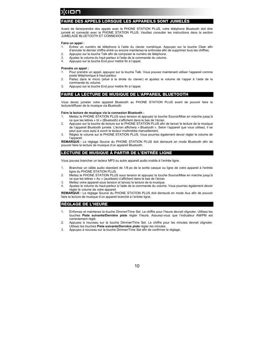 Lecture de musique à partir de l’entrée ligne, Réglage de l’heure | ION Audio Phone Station Plus User Manual | Page 10 / 20