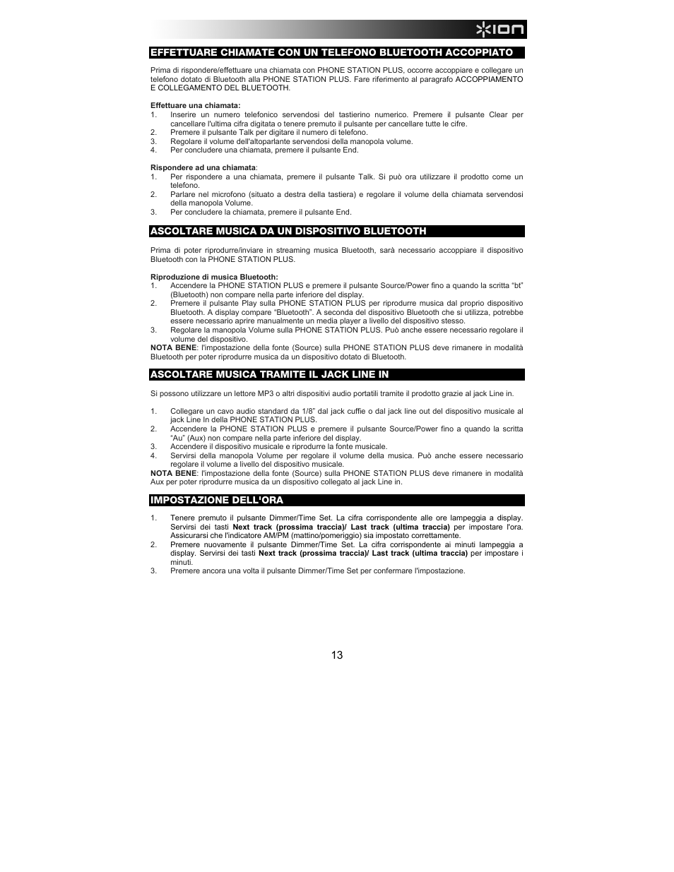 Ascoltare musica da un dispositivo bluetooth, Ascoltare musica tramite il jack line in, Impostazione dell'ora | ION Audio Phone Station Plus User Manual | Page 13 / 20