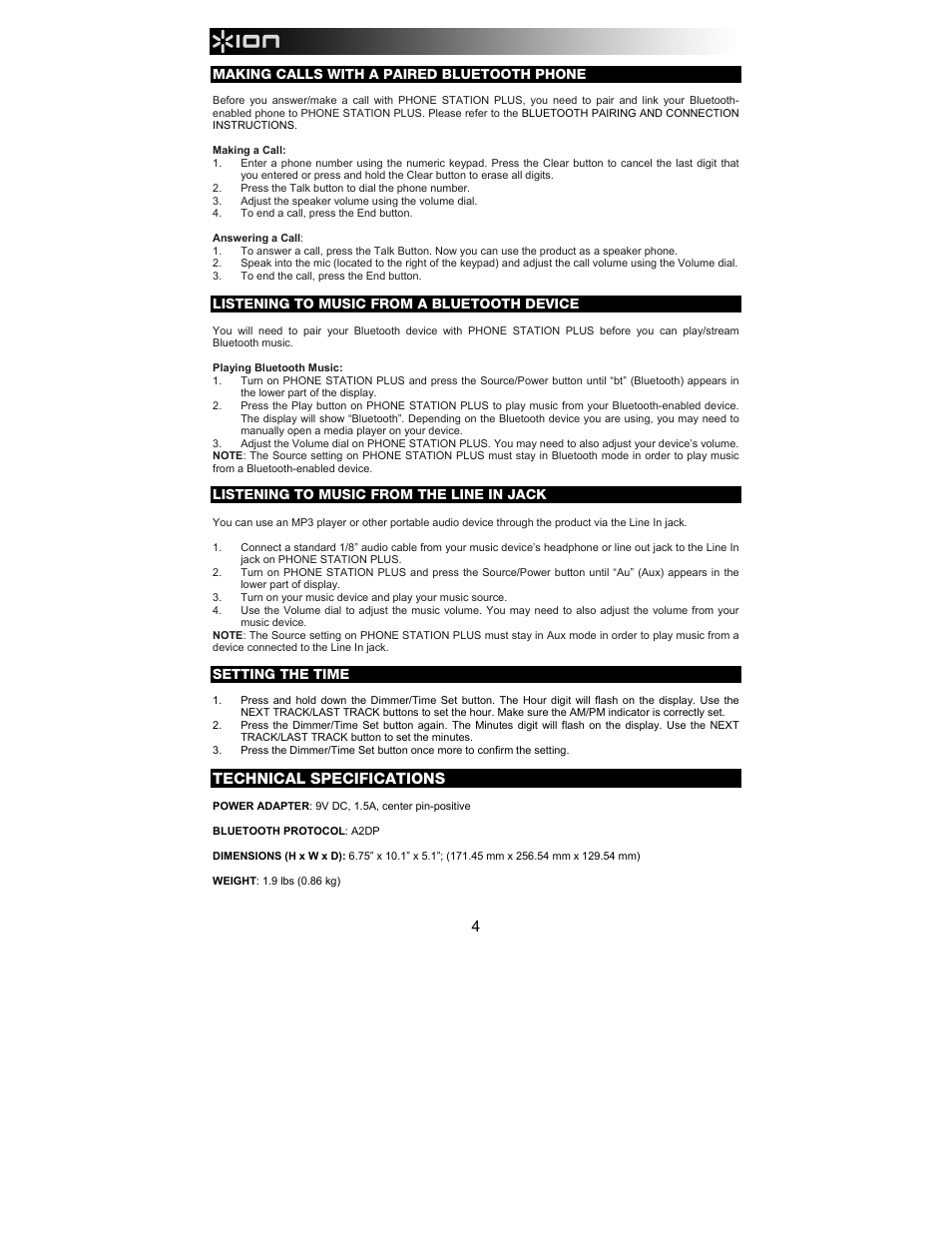 Technical specifications | ION Audio Phone Station Plus User Manual | Page 4 / 20