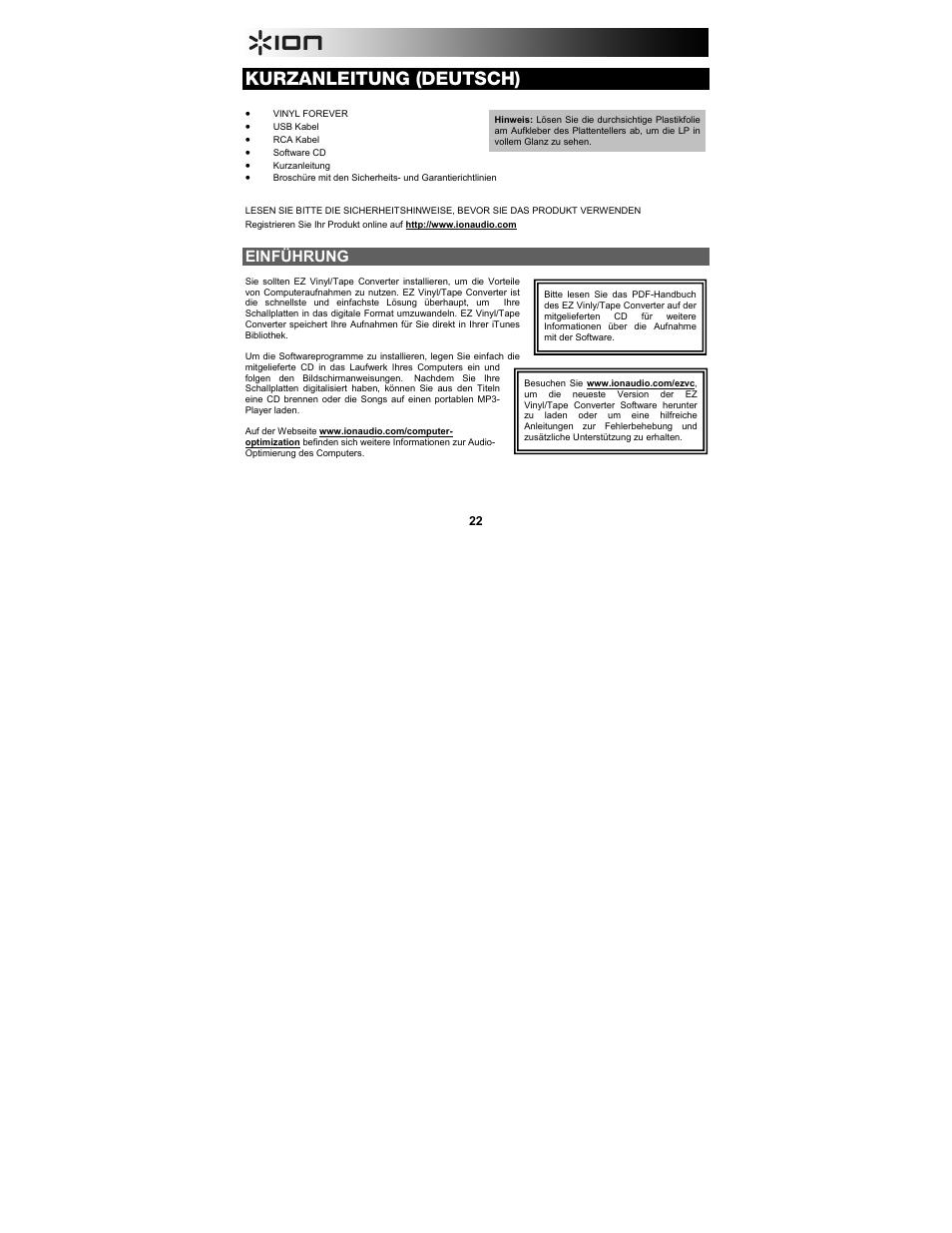 Kurzanleitung (deutsch), Einführung | ION Audio Vinyl Forever User Manual | Page 22 / 32