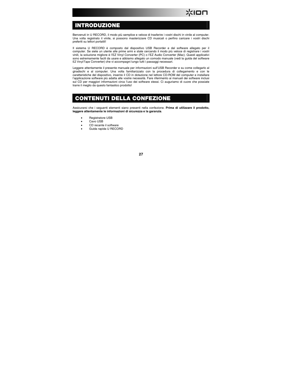Introduzione, Contenuti della confezione | ION Audio U Record User Manual | Page 27 / 40