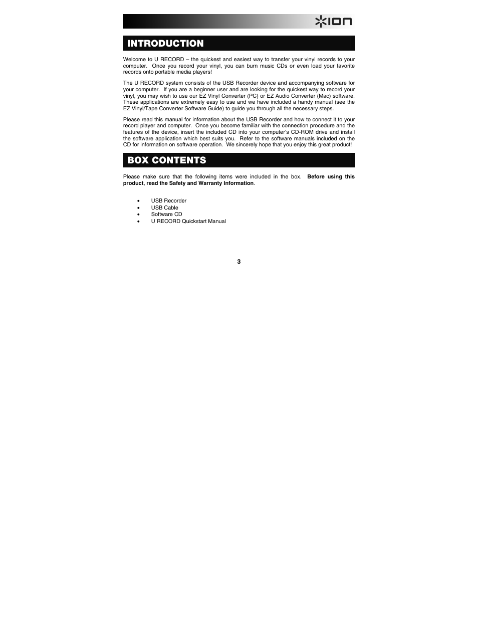 Introduction, Box contents | ION Audio U Record User Manual | Page 3 / 40