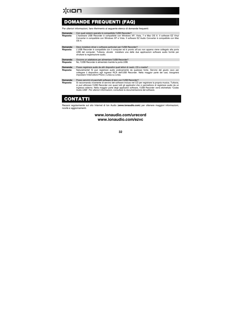 Domande frequenti (faq), Contatti | ION Audio U Record User Manual | Page 32 / 40