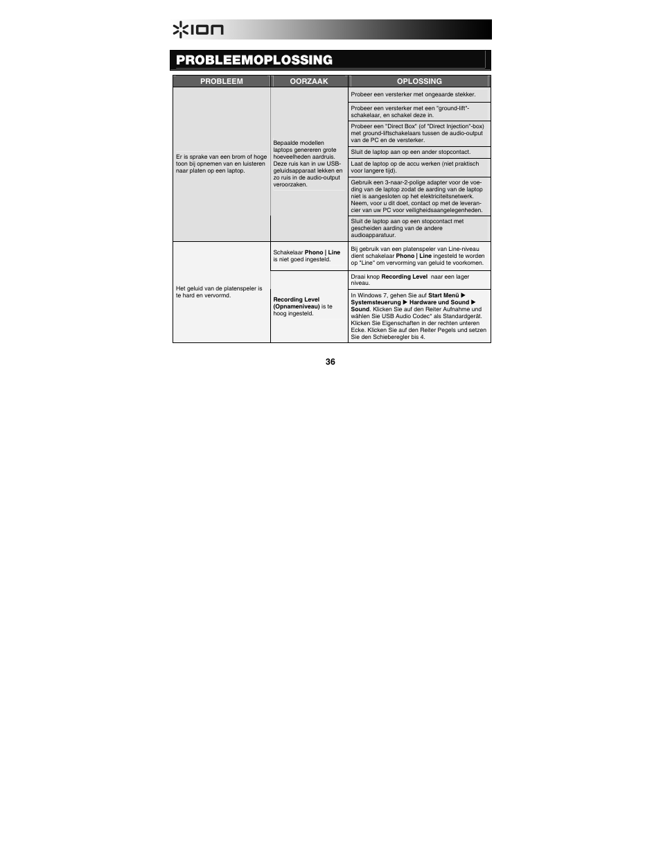 Probleemoplossing | ION Audio U Record User Manual | Page 36 / 40