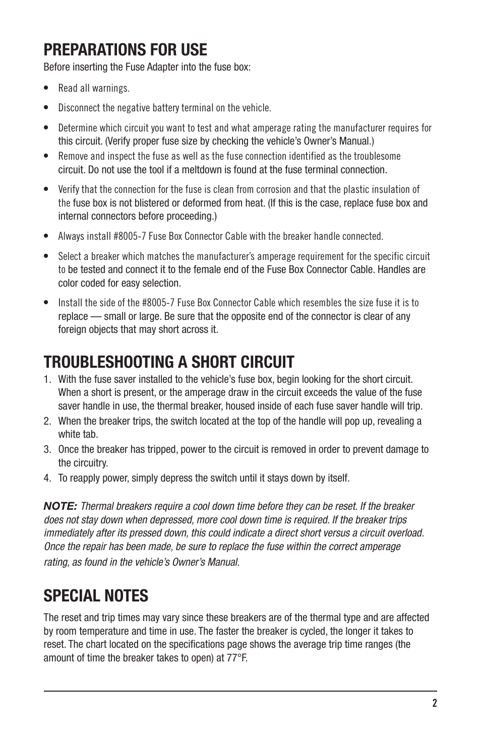 Preparations for use, Troubleshooting a short circuit | IPA Tools 8005 Fuse Saver Standard Kit User Manual | Page 3 / 4