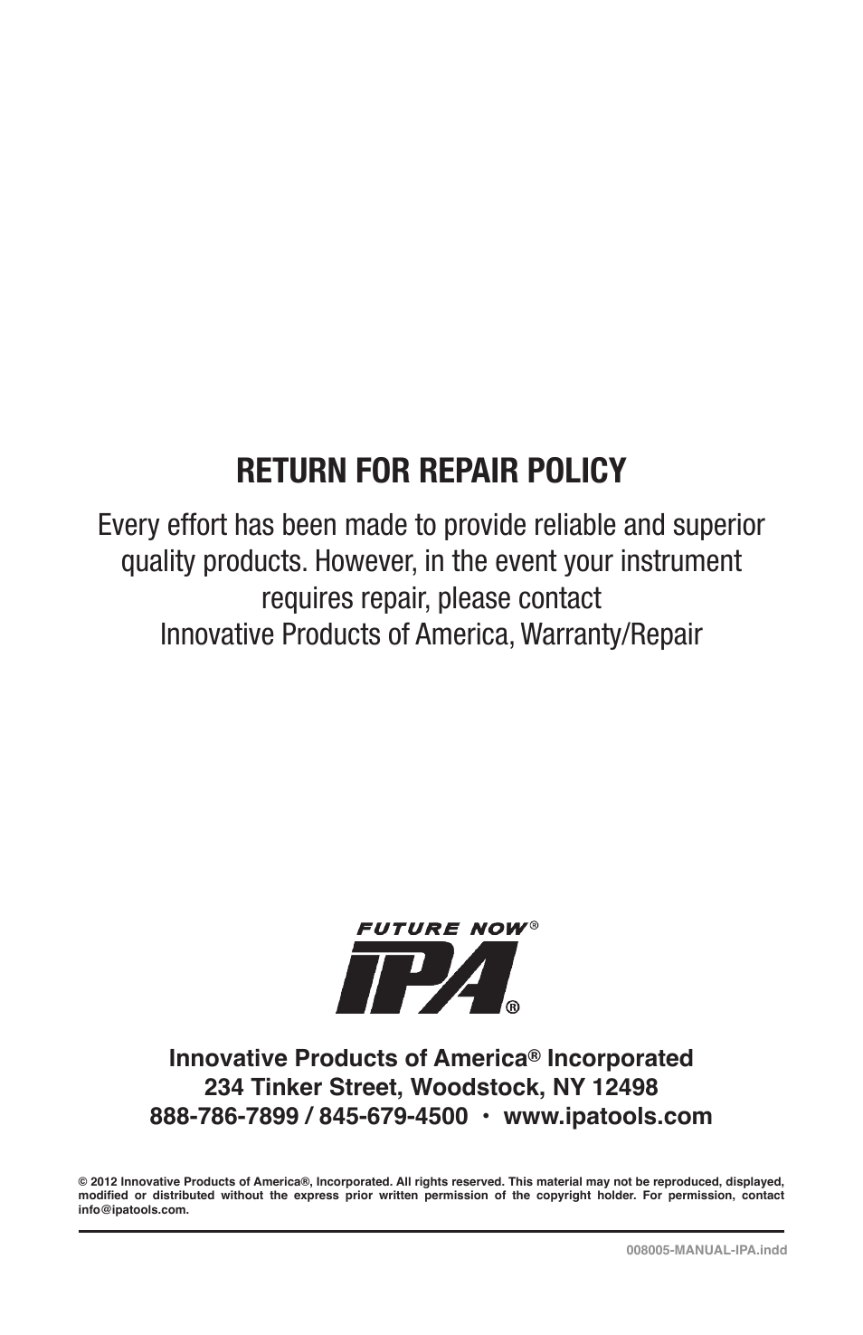 Return for repair policy | IPA Tools 8005 Fuse Saver Standard Kit User Manual | Page 4 / 4