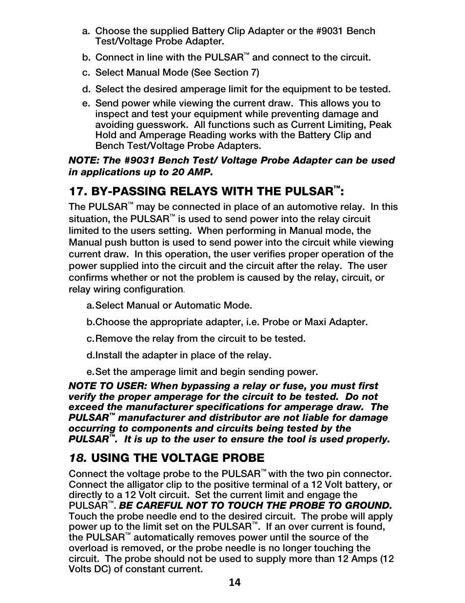 By-passing relays with the pulsar, Using the voltage probe, B. connect in line with the pulsar | And connect to the circuit, The pulsar, A. select manual or automatic mode, C. remove the relay from the circuit to be tested, D. install the adapter in place of the relay, E. set the amperage limit and begin sending power, Connect the voltage probe to the pulsar | IPA Tools 9001 Pulsar Master Kit User Manual | Page 15 / 16