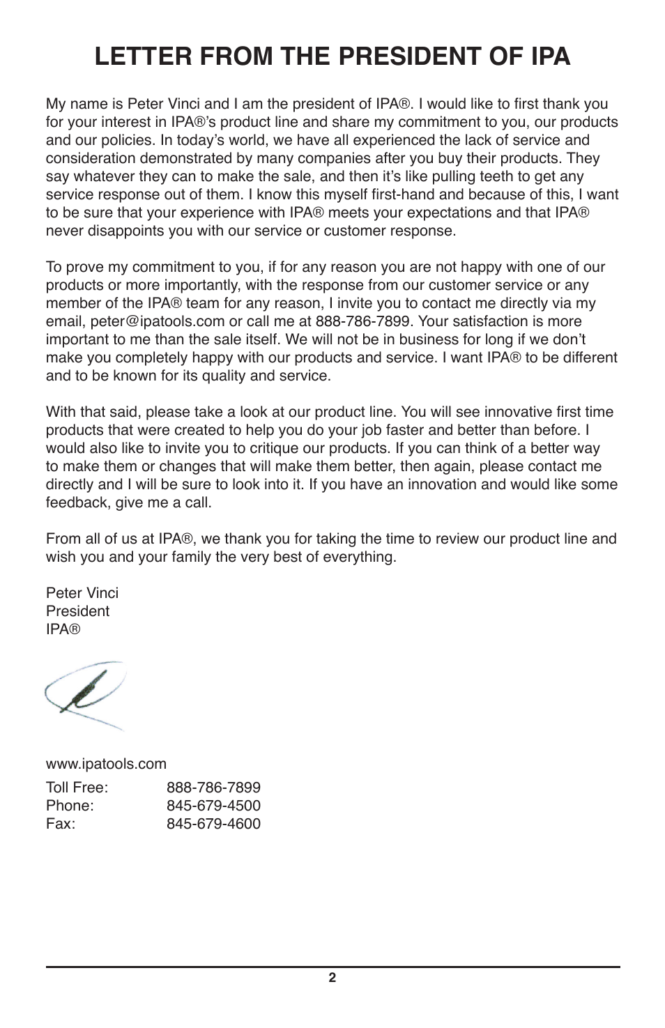 Letter from the president of ipa | IPA Tools 9007A Smart MUTT Head User Manual | Page 2 / 24