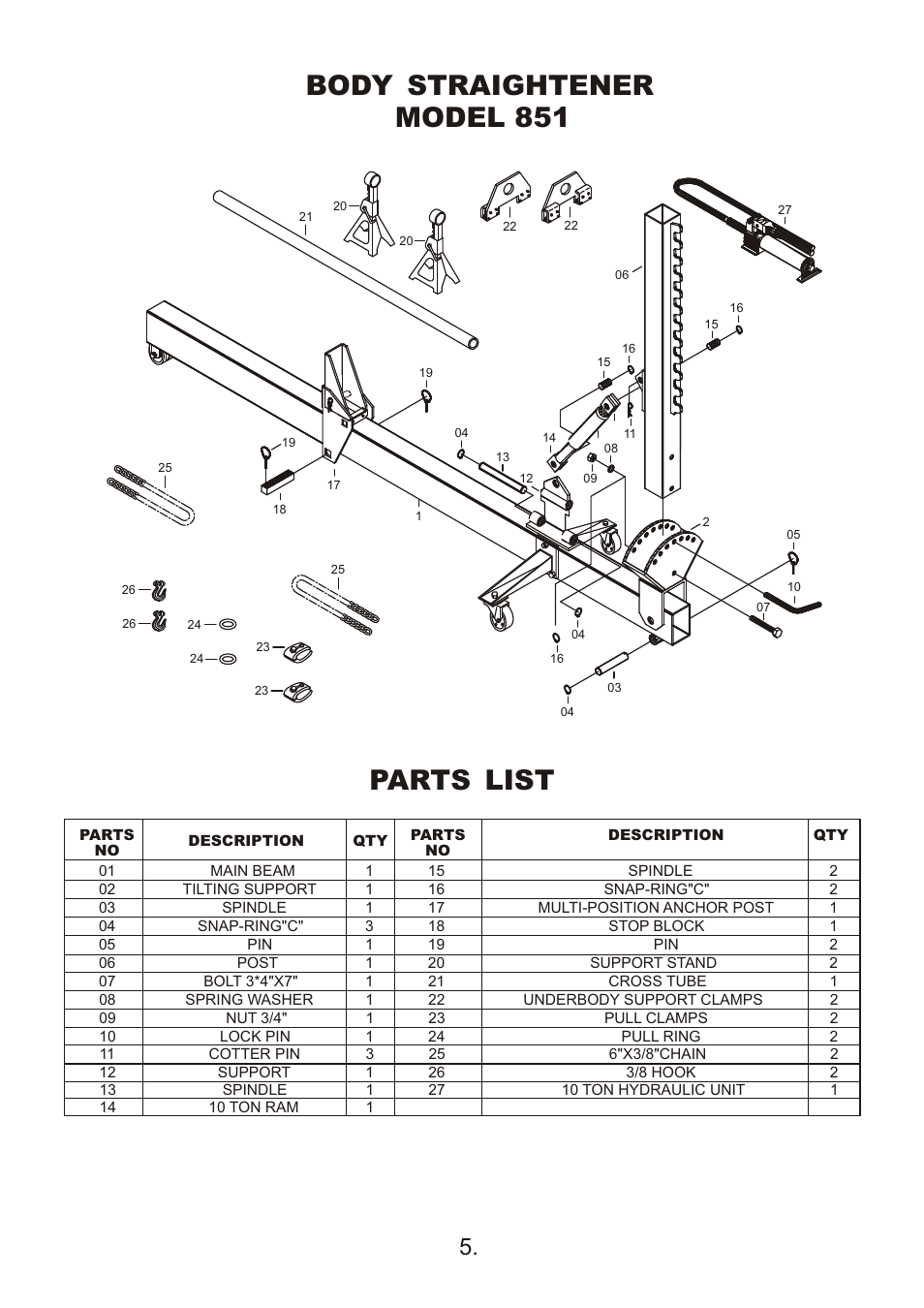 页面 1, Parts list body straightener, Model 851 | Jackco Body Straightener Model 857 (w/1.2 Ton Crane & Swivel Post) User Manual | Page 6 / 7