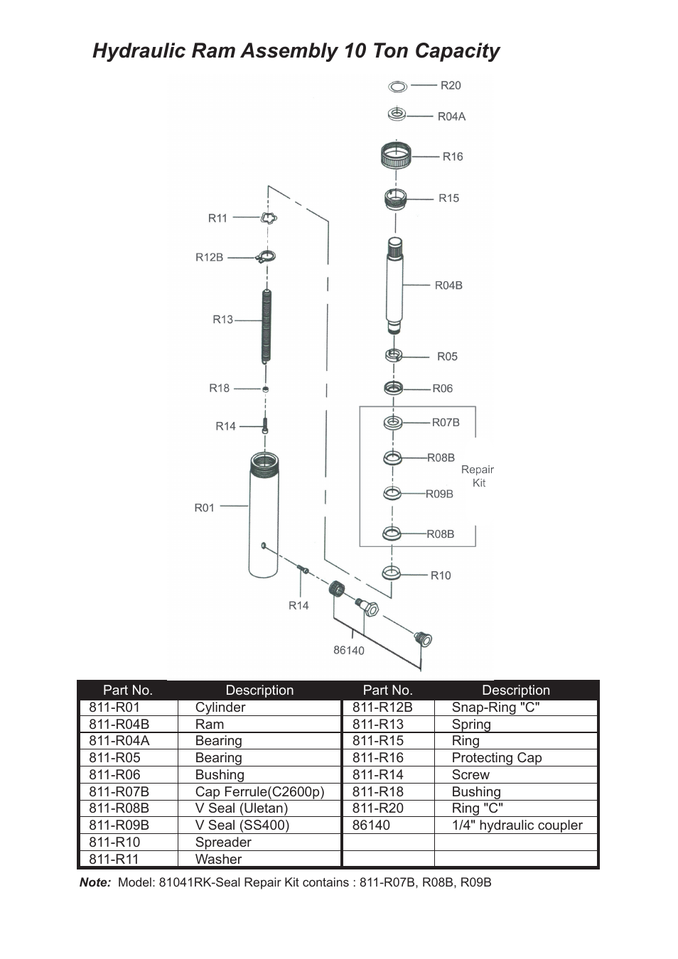 Hydraulic ram assembly 10 ton capacity | Jackco Model 81110 Ton Set User Manual | Page 8 / 10