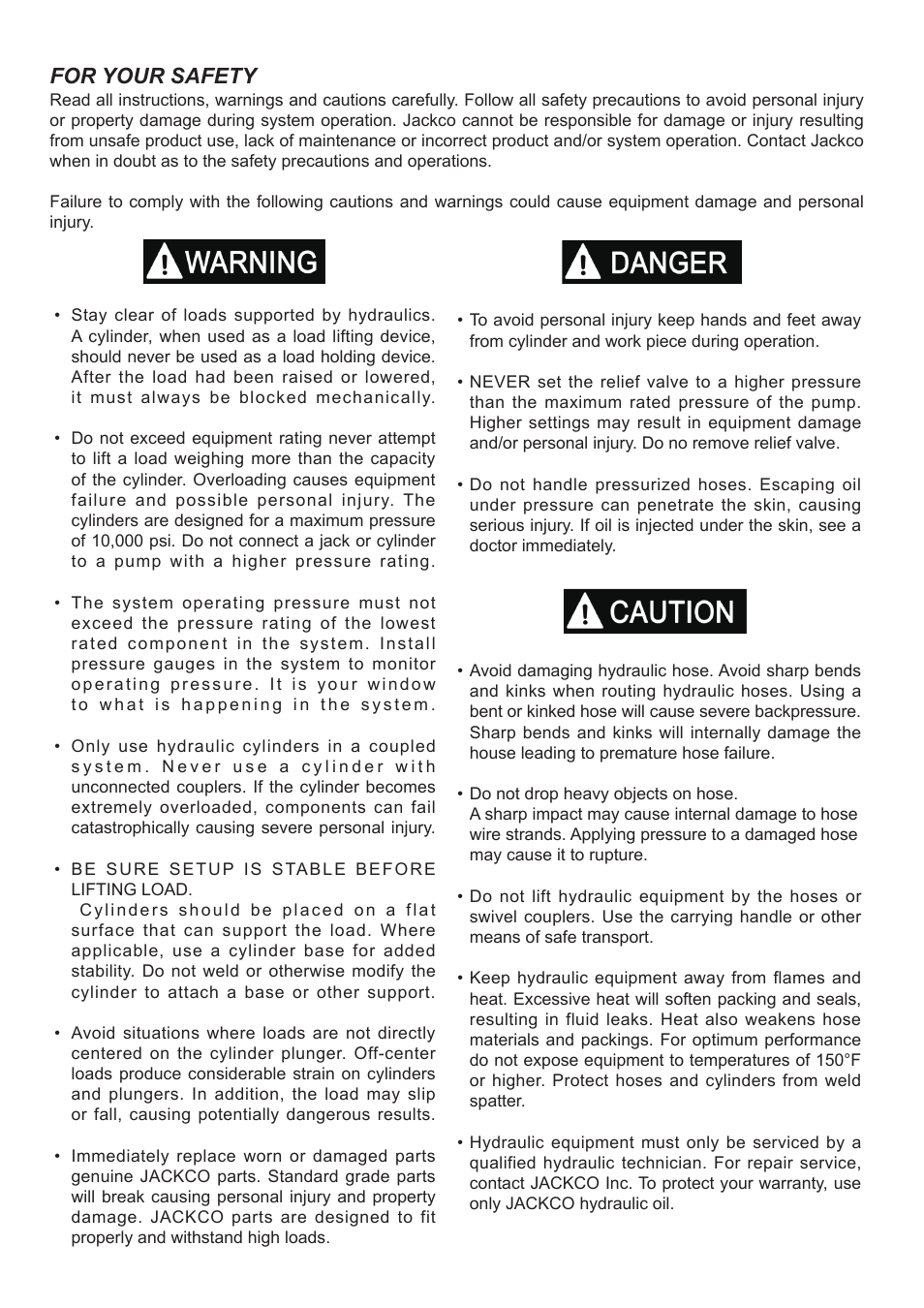 For your safety | Jackco Model 840 w/ Hydraulic Hose User Manual | Page 2 / 8